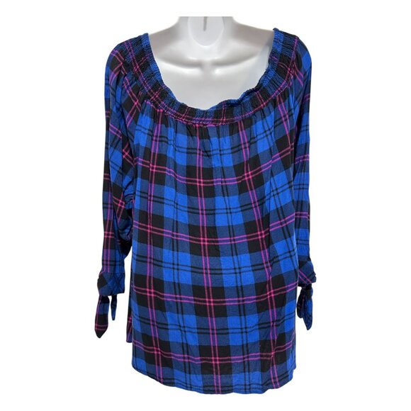 Paper Tee 3X Blue Womens Plus Blouse Plaid Off-Shoulder Button-Up Top Tie-Sleeve - Picture 2 of 11